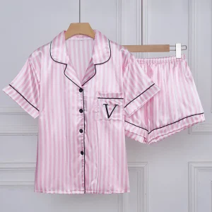 Striped Embroidered Letter Pocket Short Sleeve and Shorts Pajama Set, Casual Satin Sleepwear with Lapel Collar and Button Detail