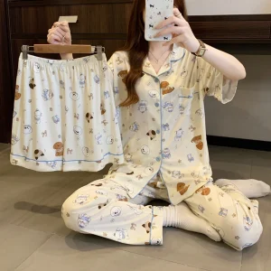 New Pajamas Female Summer Fashion Print Short-Sleeved Homewear Suit Korean Cartoon Sweet and Lovely Ladies Homewear 3 PC Pajamas