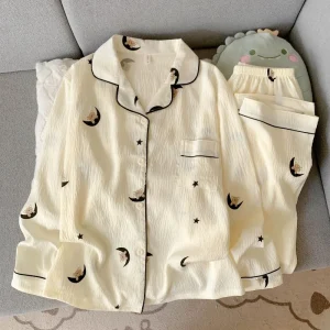 Moon Bear Cartoon Fashion Women's Pajamas Korean Style Casual Soft 2 PC Set Pajamas Autumn Long Sleepwear Lapel Neck New 2025