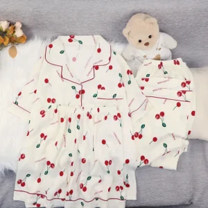 Cherries Print Women's 3 Pieces Pajamas Set for Summer Elegant Comfort Short Sleeve and Pants with Shorts Homewear Korea Fashion