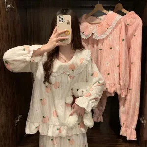 Cartoon Women Pyjamas Warm Flannel Sleepwear Pajama Sets Girl Pijama Set Suit Pant Home Korean Peach Sleep Lace Sleepwear