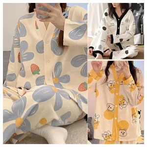 2024 Spring and Autumn Milk Silk Pajamas Women Cardigan V-Neck Long Sleeve Long Pants Thin Section Polka Dot Printed Homewear Se