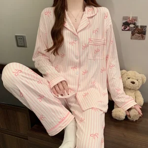 Pink Bow Dtie Design Pajamas for Women Long Sleeve Top & Elastic Waist Pants Pajamas Set Harajuku Style Casual New Home Wear