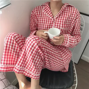 2PCS/Set Women Pajamas Autumn Sweet Cute Wear Pink Plaid Buttons Cardigan Long Sleeve Korean Version Homewear Student Dormitory