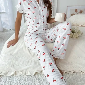 Lace Trim Women Pajama Set Short Sleeve Front Button Top & Full-Length Pants Cherry Print 2 Pieces Sleepwear Nightwear Homewear